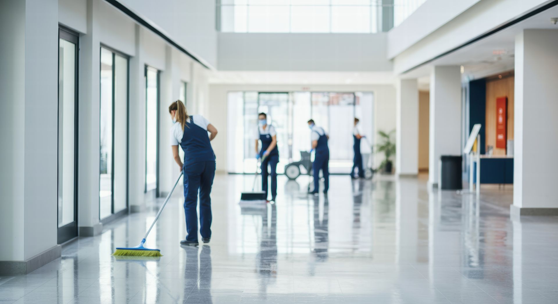 Des agents d'entretien nettoient un couloir lumineux et impeccable. L'un d'eux passe la serpillière ; d'autres utilisent du matériel de nettoyage.