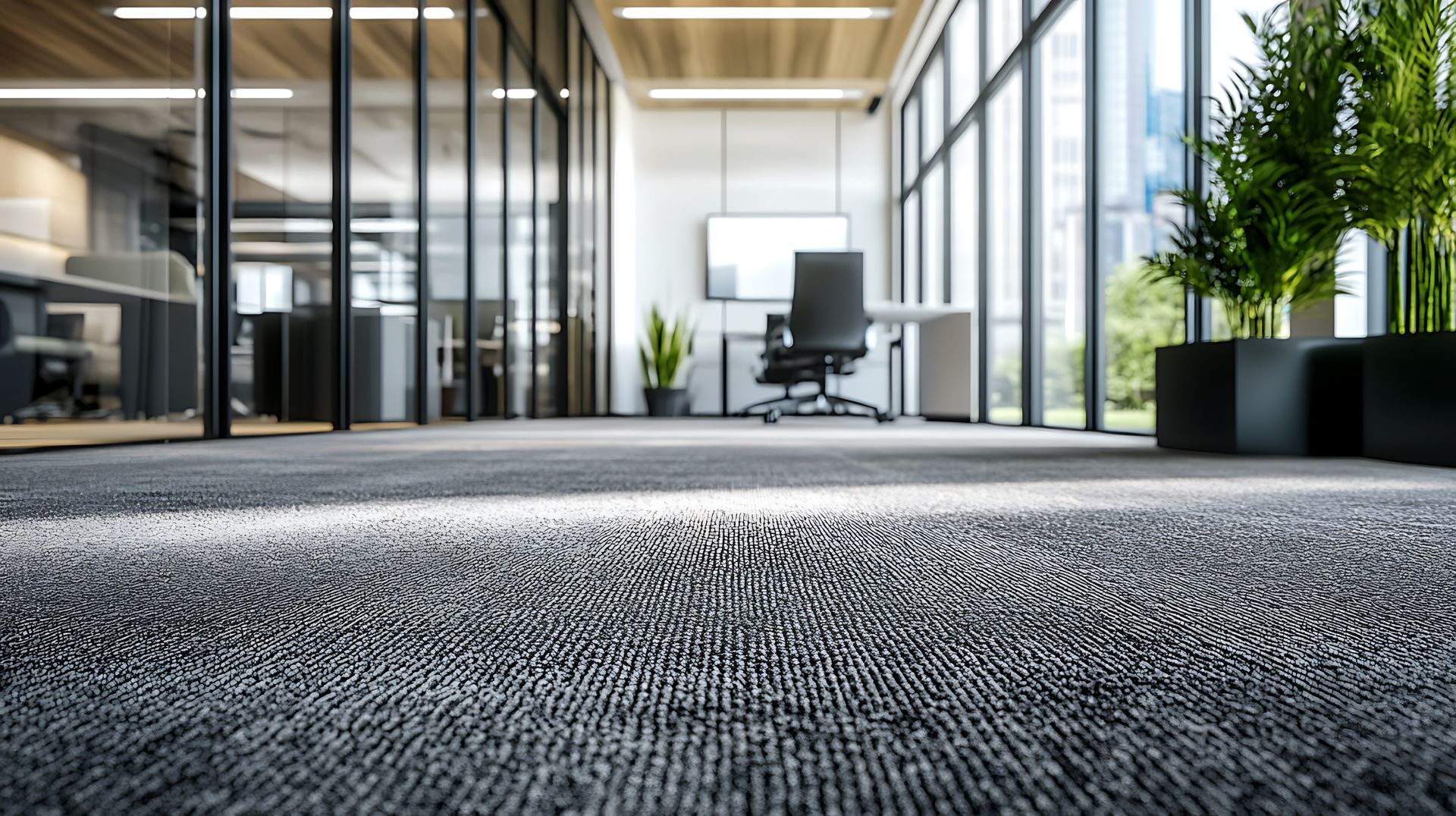 Intérieur de bureau avec moquette grise, un bureau et de grandes fenêtres.