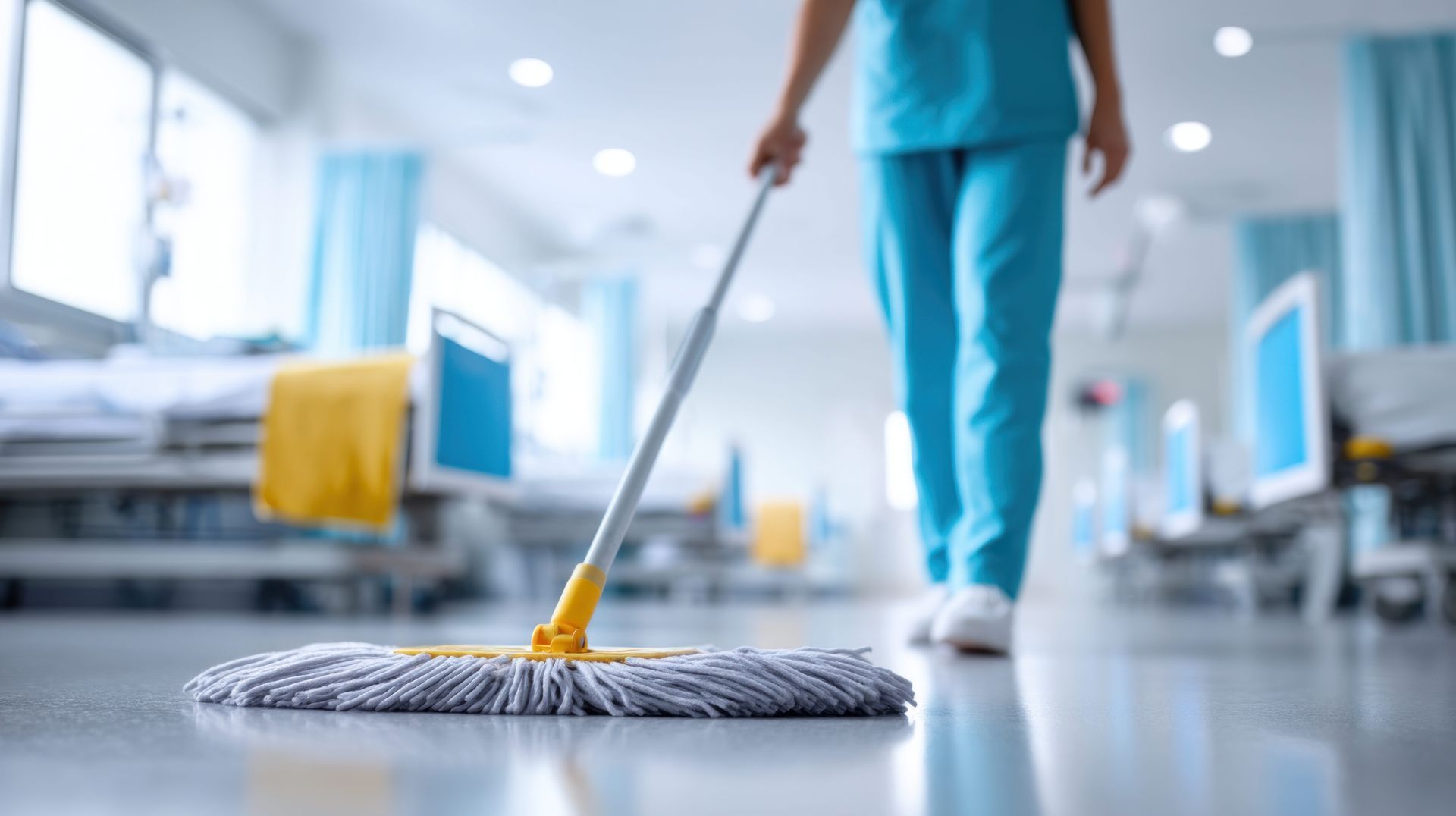 Une personne en blouse médicale nettoie le sol d'un hôpital. Sol blanc, lits d'hôpital, rideaux bleus.
