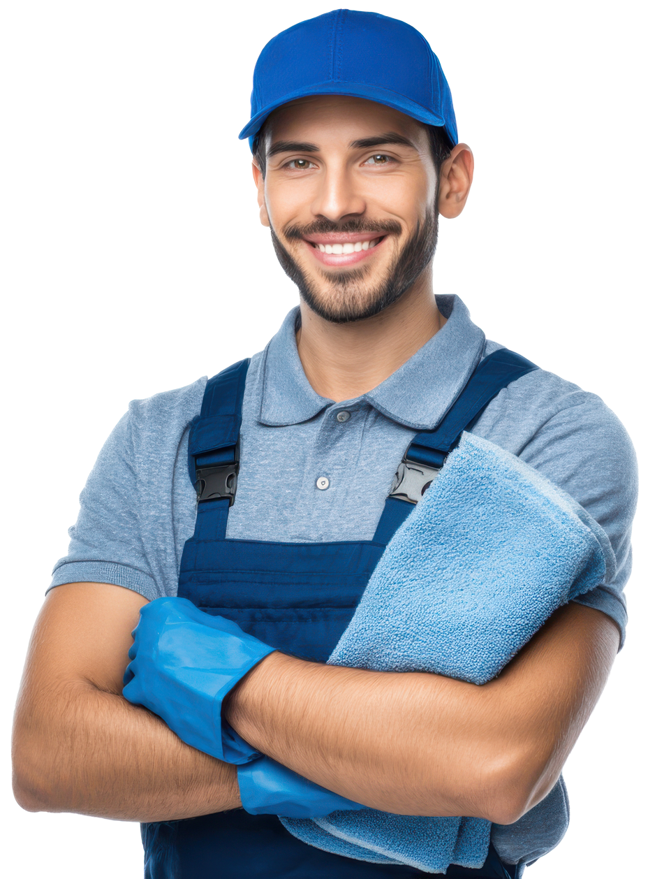 Un homme en uniforme bleu sourit, tenant une serviette bleue et portant des gants et une casquette.