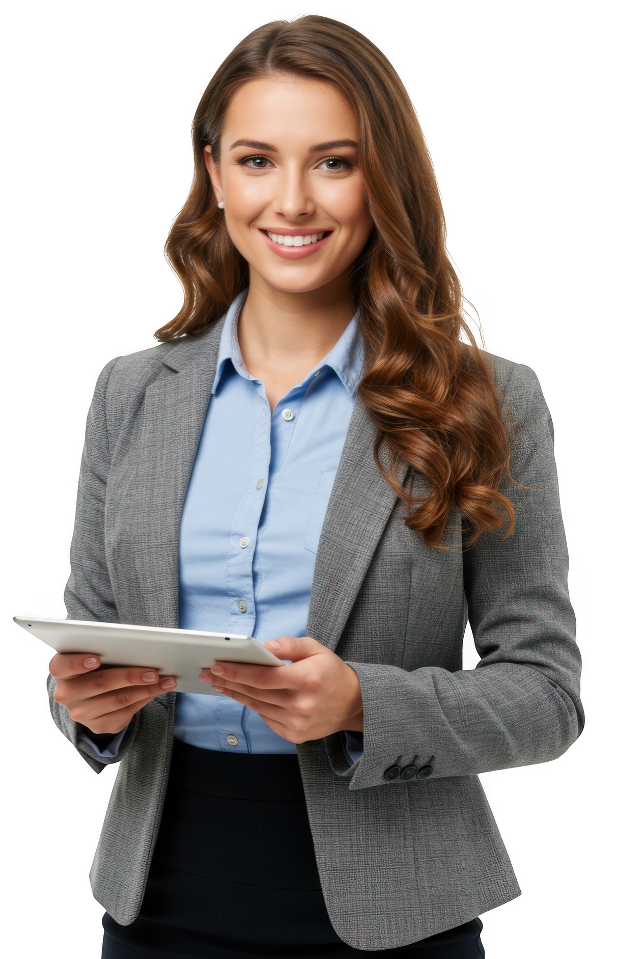 Jeune femme habillée en tailleur avec une tablette dans les mains.