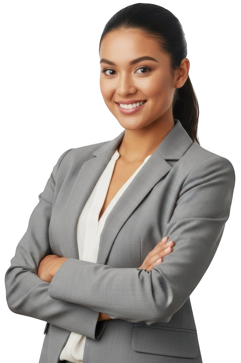 Femme en blazer gris, les bras croisés, souriante.