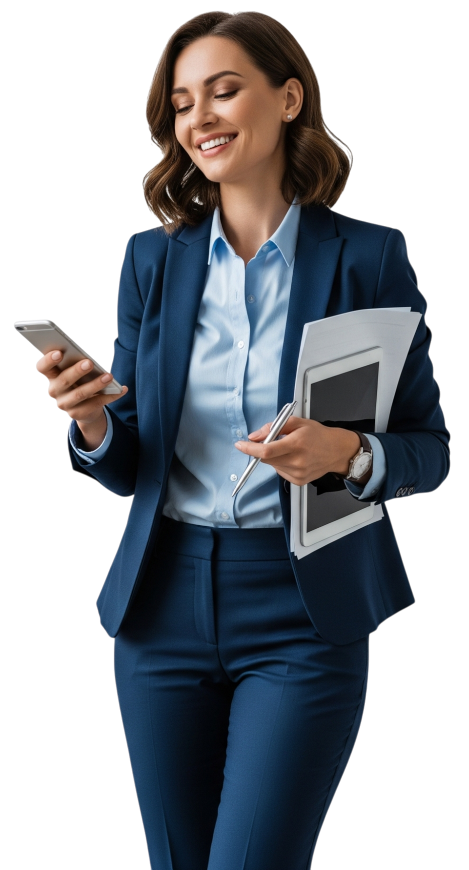 Femme en tailleur bleu souriante, utilisant son téléphone et tenant des dossiers.