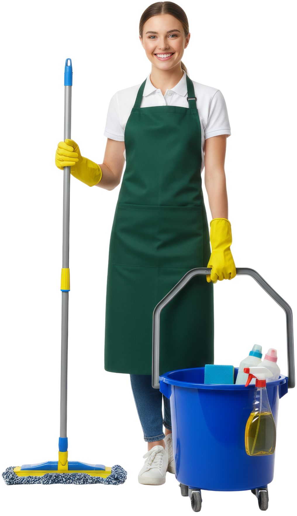 Femme portant un tablier et des gants, tenant une serpillière et un seau rempli de produits de nettoyage, souriante.