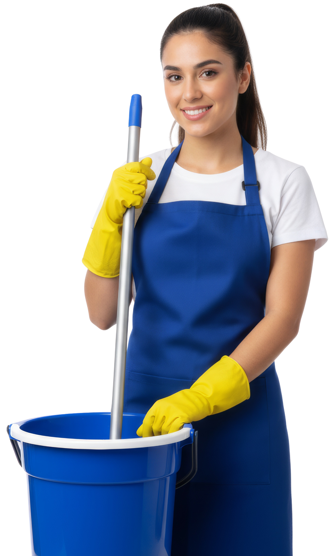Femme portant des gants et un tablier, tenant une serpillière au-dessus d'un seau bleu, souriante.