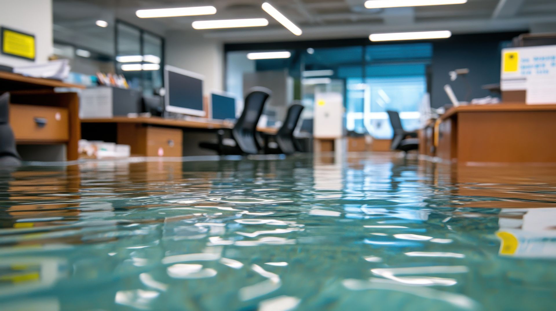 Bureau inondé ; bureaux, chaises et autres équipements de bureau partiellement submergés.