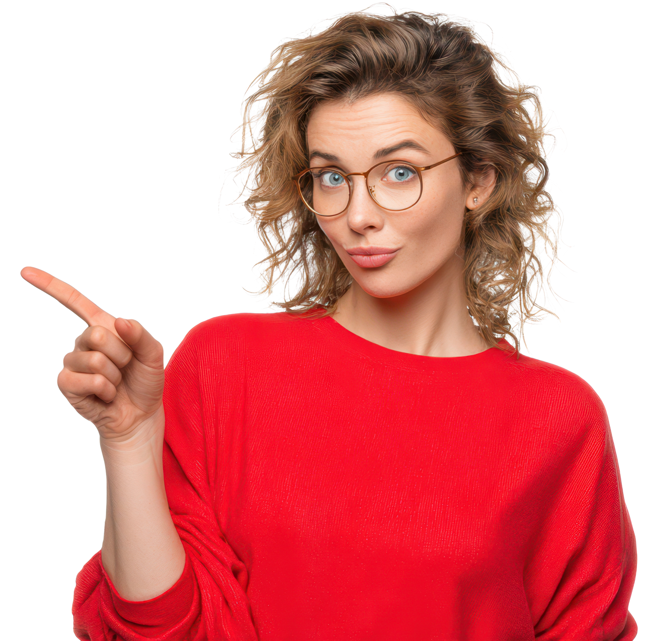 Une femme en pull rouge et lunettes désigne la gauche du doigt.