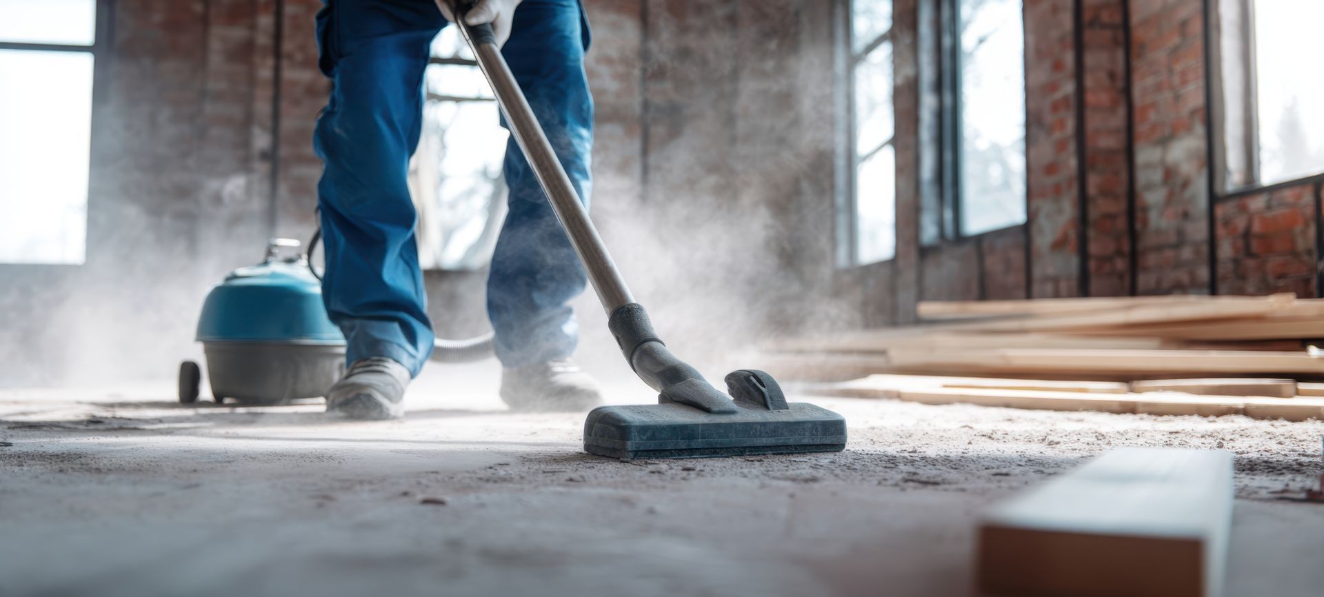 Une personne passe l'aspirateur sur un sol poussiéreux dans une pièce en construction. La poussière visible est soulevée par l'aspirateur.