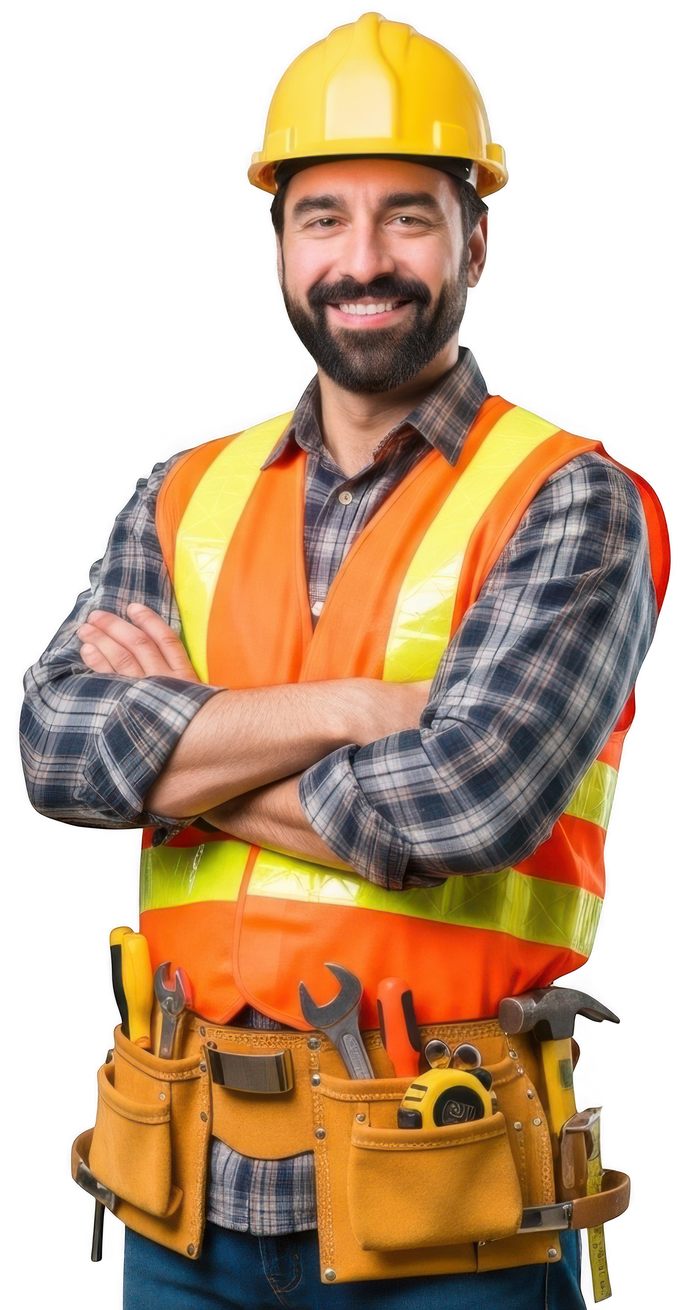 Ouvrier du bâtiment, les bras croisés, portant un casque jaune, un gilet orange et une ceinture porte-outils.