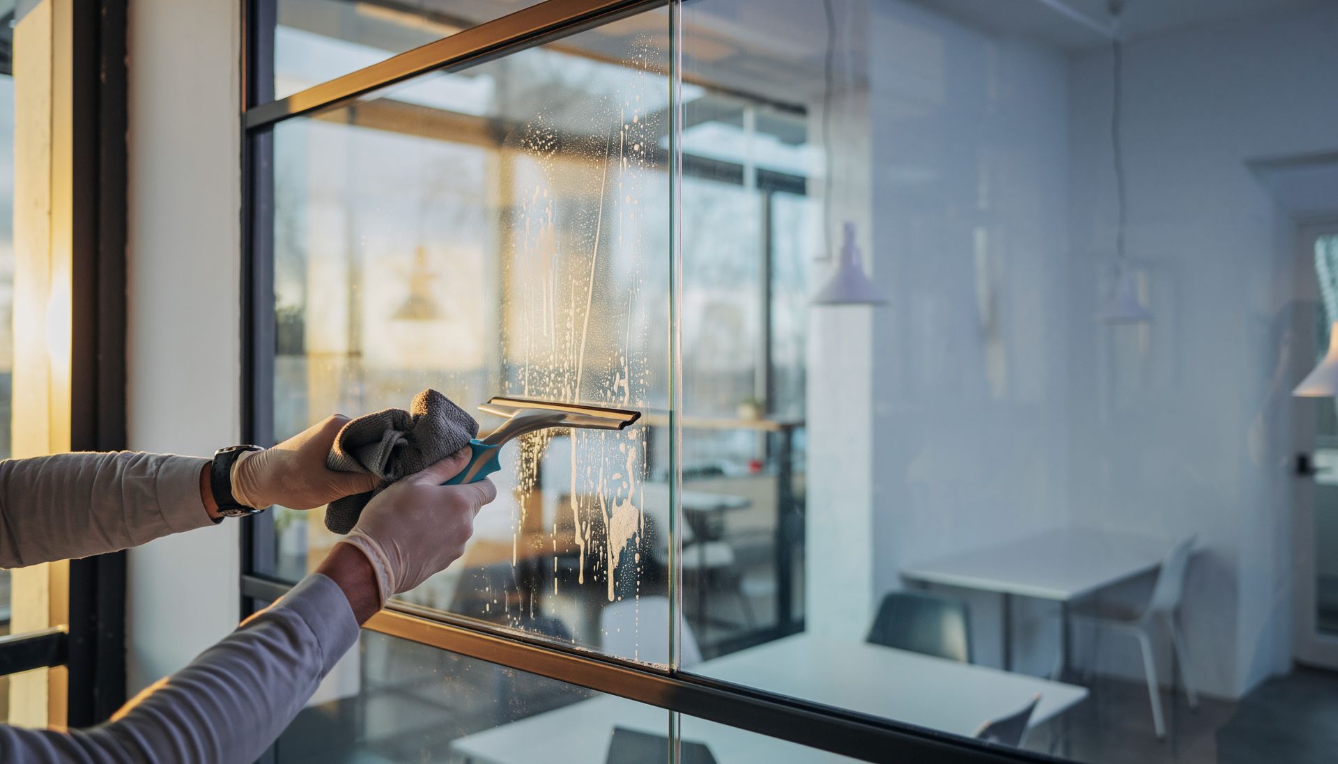 Une personne portant des gants nettoie une grande vitre avec une raclette.
