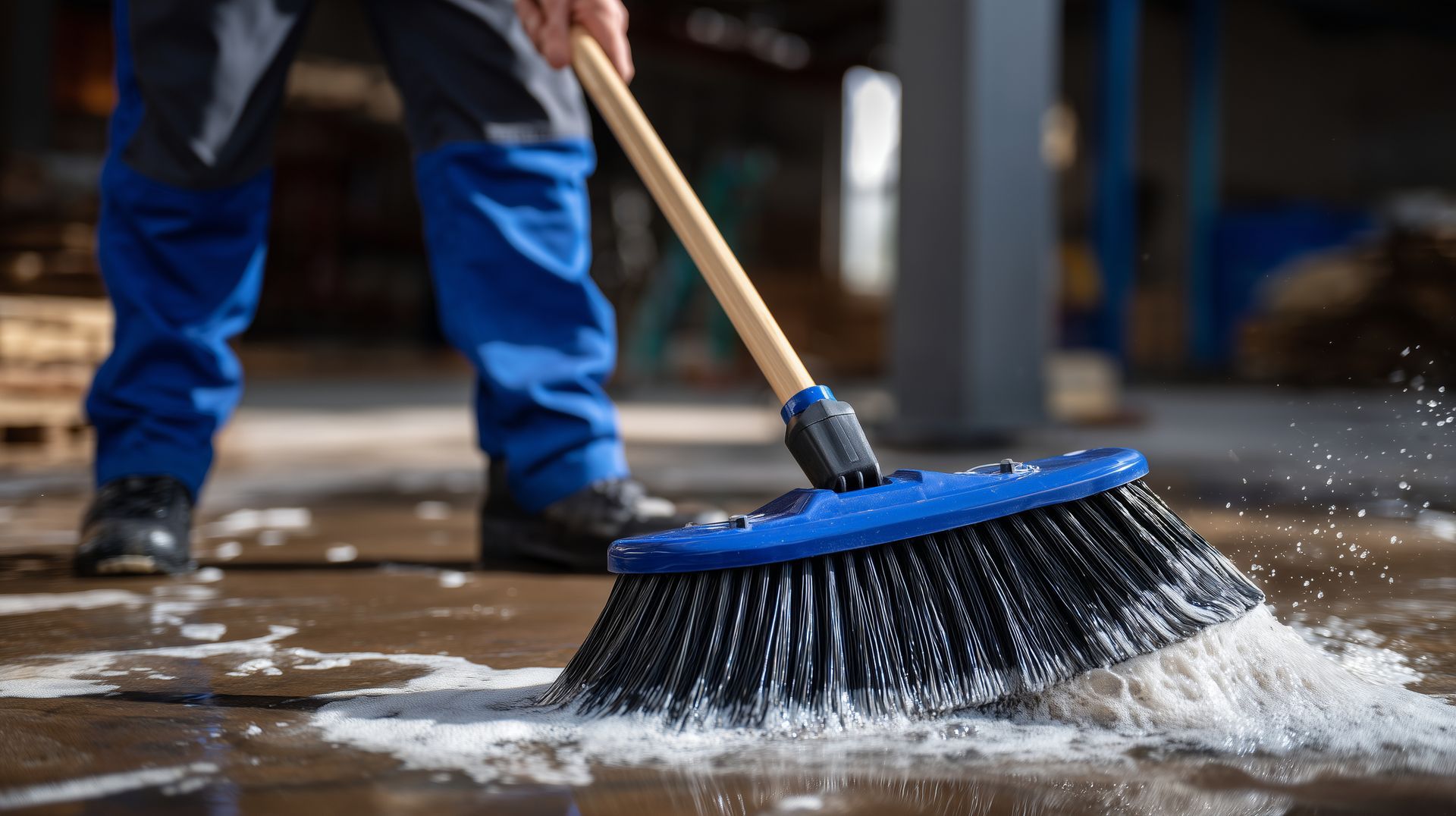 Une personne en pantalon bleu balaie un sol mouillé avec un balai bleu et noir.