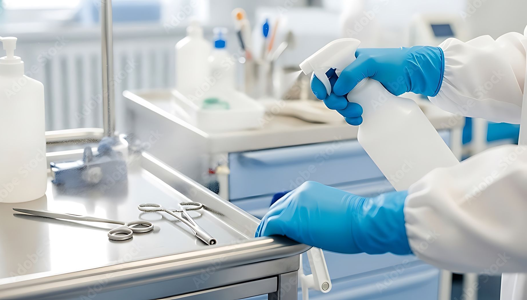 Une personne portant des gants bleus vaporise du désinfectant sur une surface en acier inoxydable dans un environnement médical.