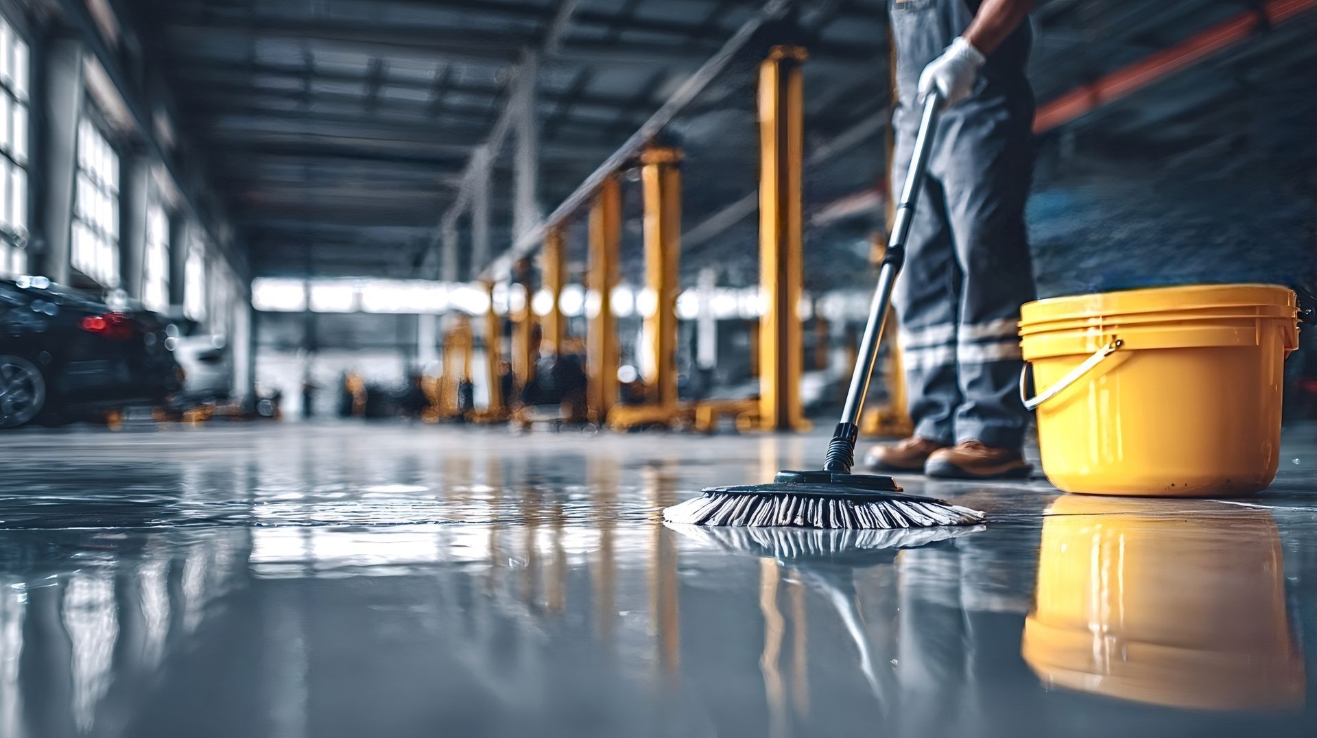 Une personne nettoie un sol industriel mouillé et réfléchissant à côté d'un seau jaune.
