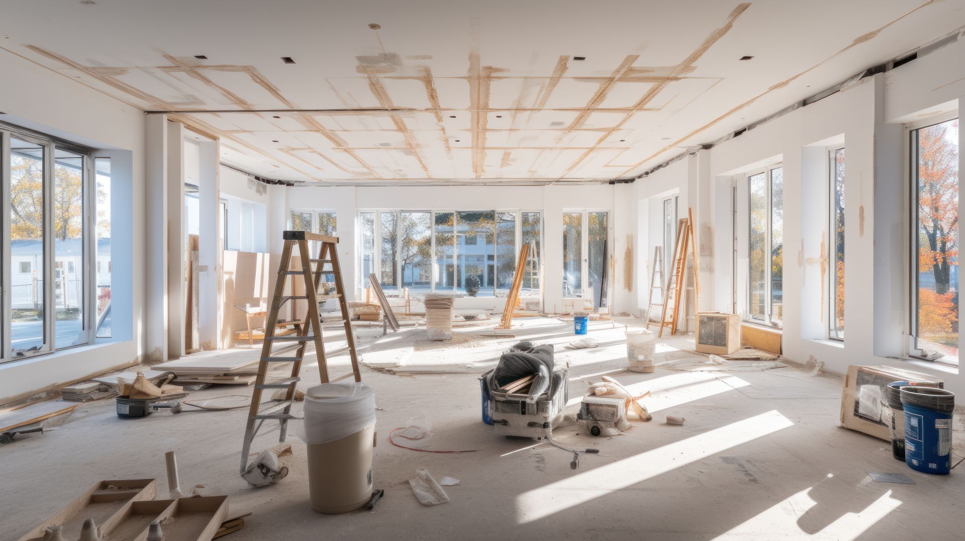 Intérieur d'une pièce en construction, avec poutres apparentes, échelles et outils éparpillés. Grandes fenêtres laissant entrer la lumière du soleil.
