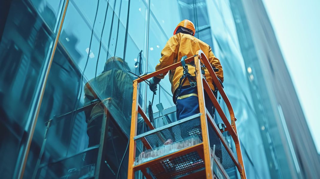Ouvrier du bâtiment sur une plateforme surélevée nettoyant la façade vitrée d'un immeuble ; veste jaune, pantalon bleu.