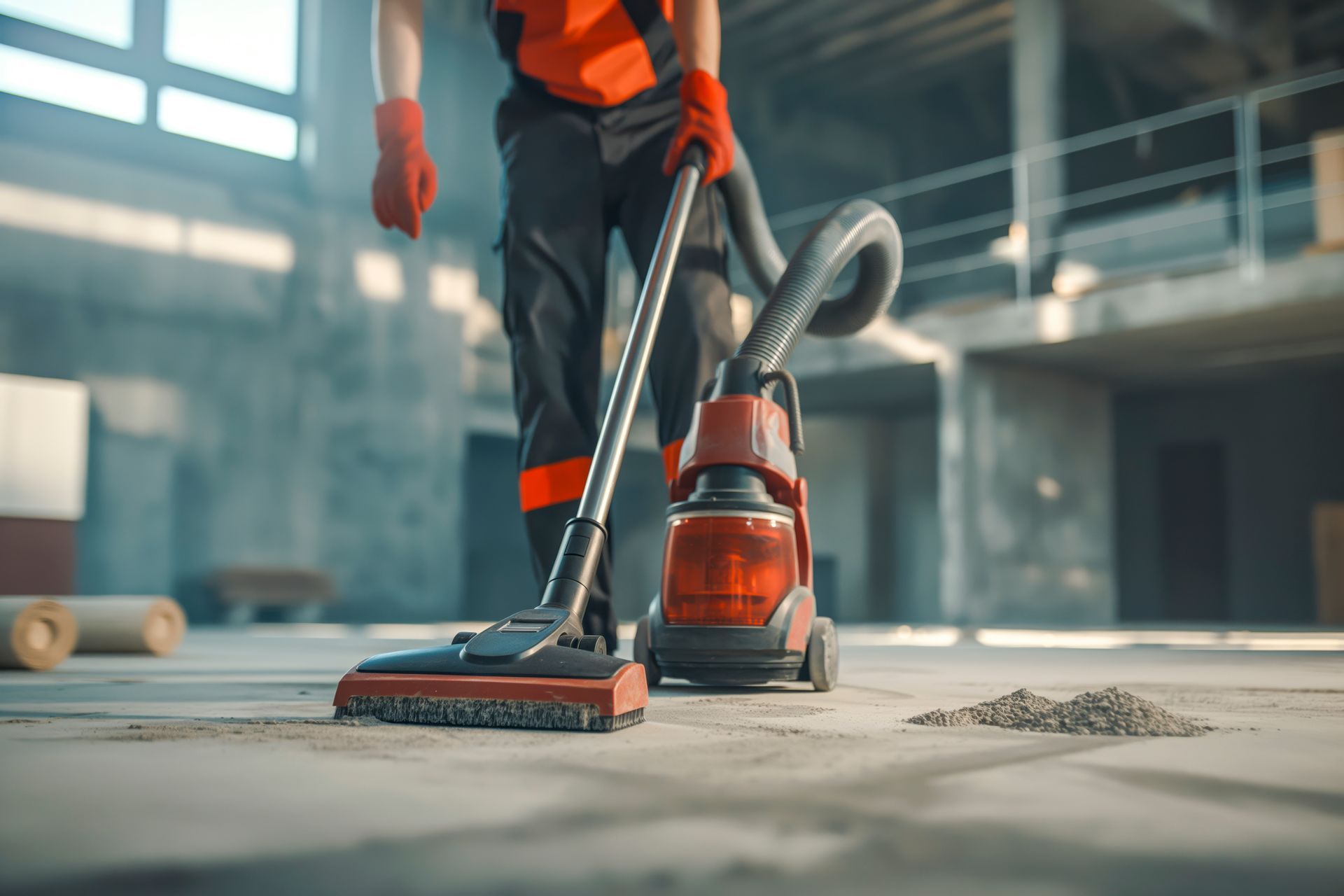 Une personne en combinaison rouge passe l'aspirateur sur un sol en béton sur un chantier de construction.