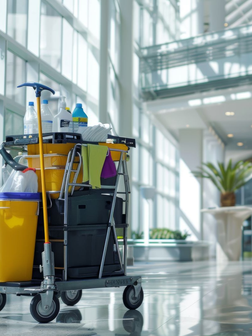 Chariot de nettoyage rempli de produits dans un hall d'entrée lumineux et moderne, agrémenté d'une grande fenêtre et d'une plante.