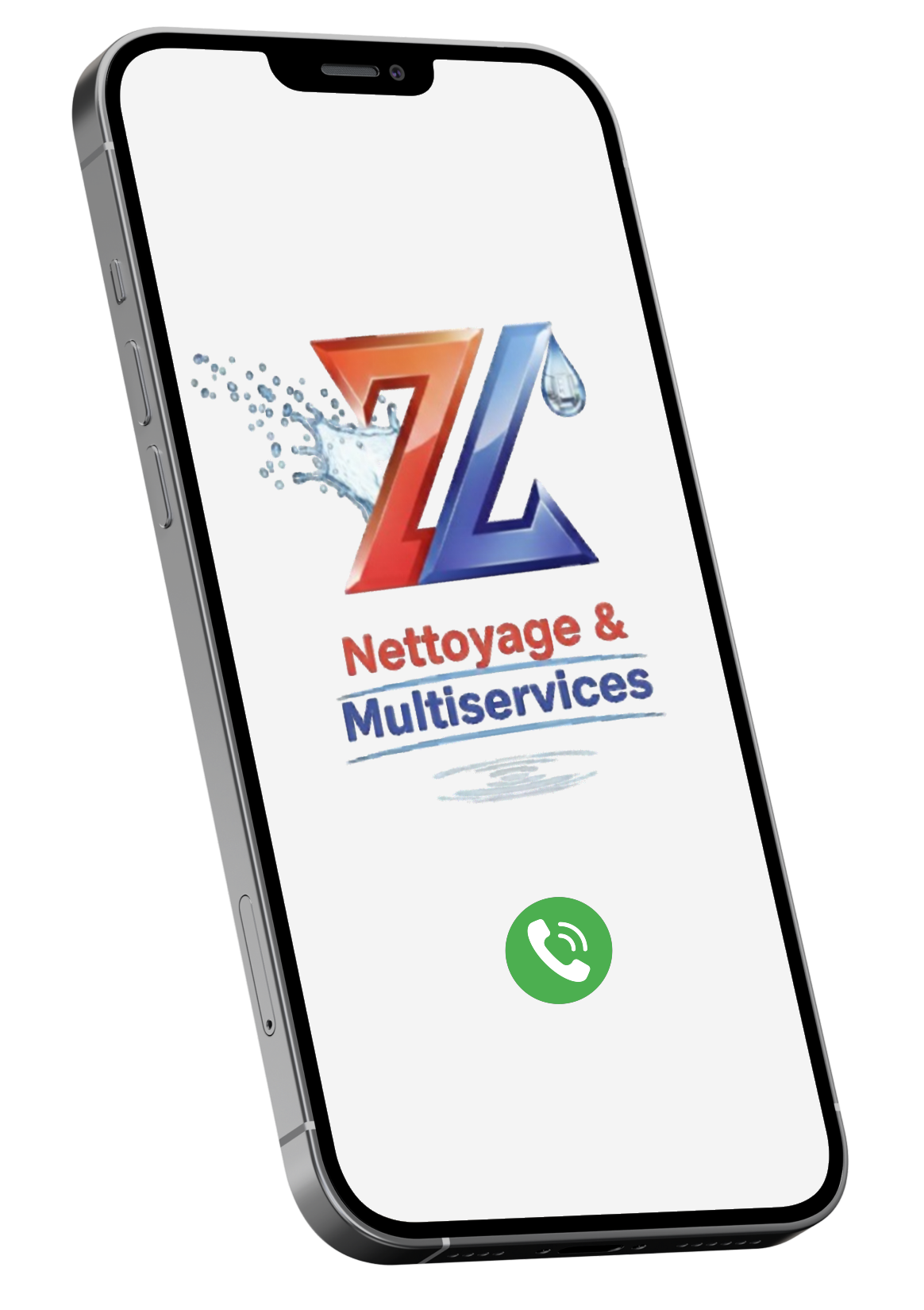 Smartphone affichant le logo de l'entreprise Nettoyage & Multiservices, avec un bouton d'appel.