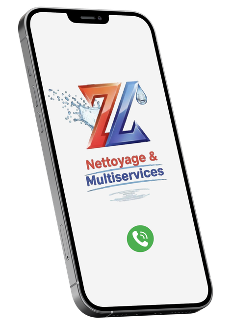Smartphone affichant le logo de l'entreprise Nettoyage & Multiservices, avec un bouton d'appel.