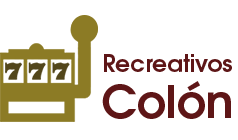 Logotipo para Recreativos Colón, que presenta una máquina tragamonedas dorada y texto.