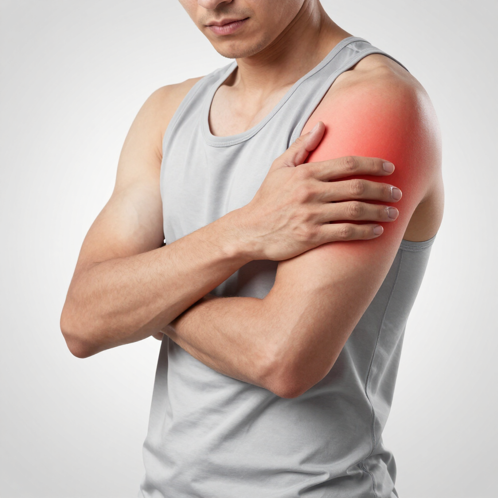 Hombre agarrándose el hombro con una zona roja de dolor resaltada en la parte superior del brazo.