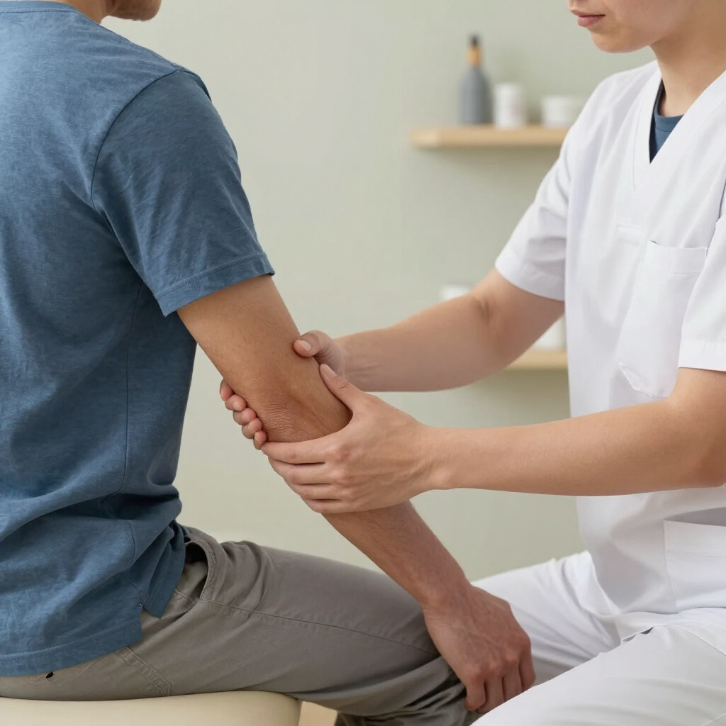 Un trabajador sanitario examina el brazo de un paciente sentado en un entorno clínico.