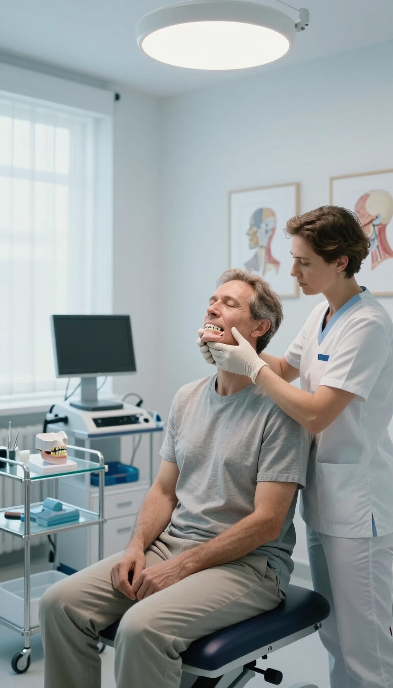 Dentista examinando a un paciente sentado en una clínica luminosa durante una revisión de rutina.