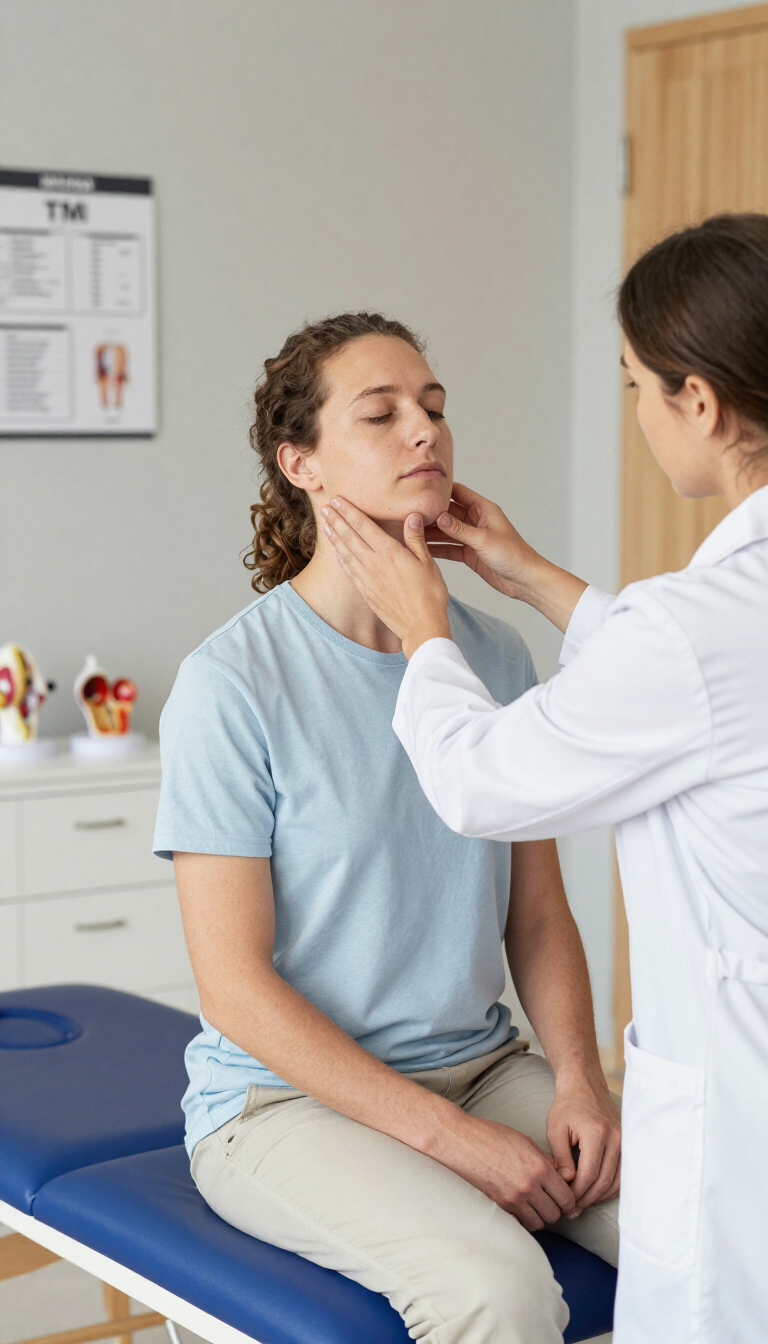 Médico examinando la garganta de un paciente sentado en una sala de examen médico.