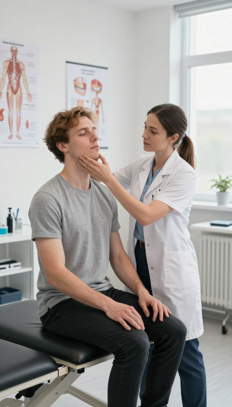 Médico examinando a un paciente sentado en una luminosa sala de consulta.