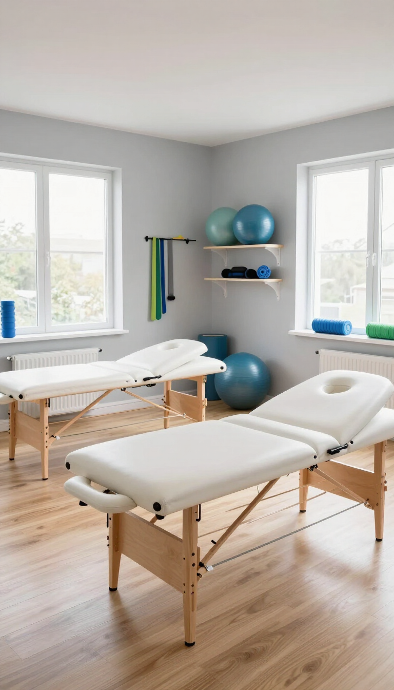 Sala de terapia luminosa con dos camillas de tratamiento, pelotas de ejercicio y estantes.