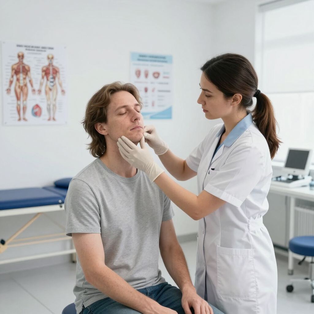 Médico examina el rostro de un paciente sentado en una luminosa sala de consulta médica.