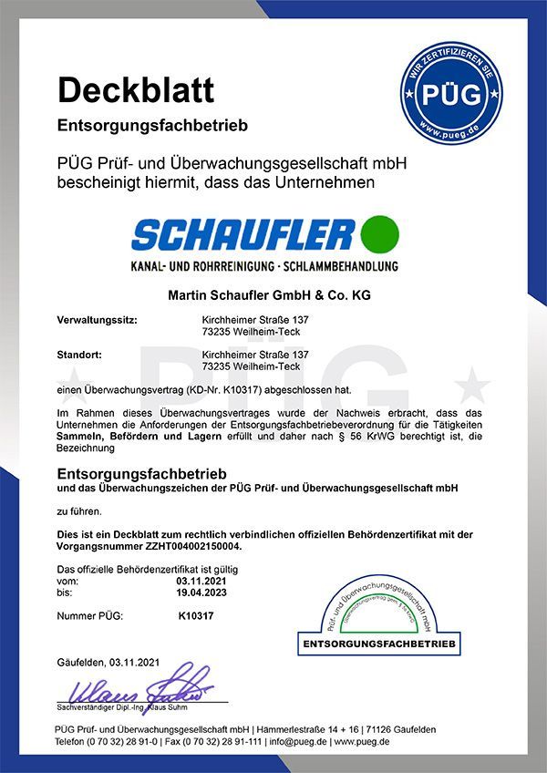Ein Zertifikat, von der PÜG für Schaufler.