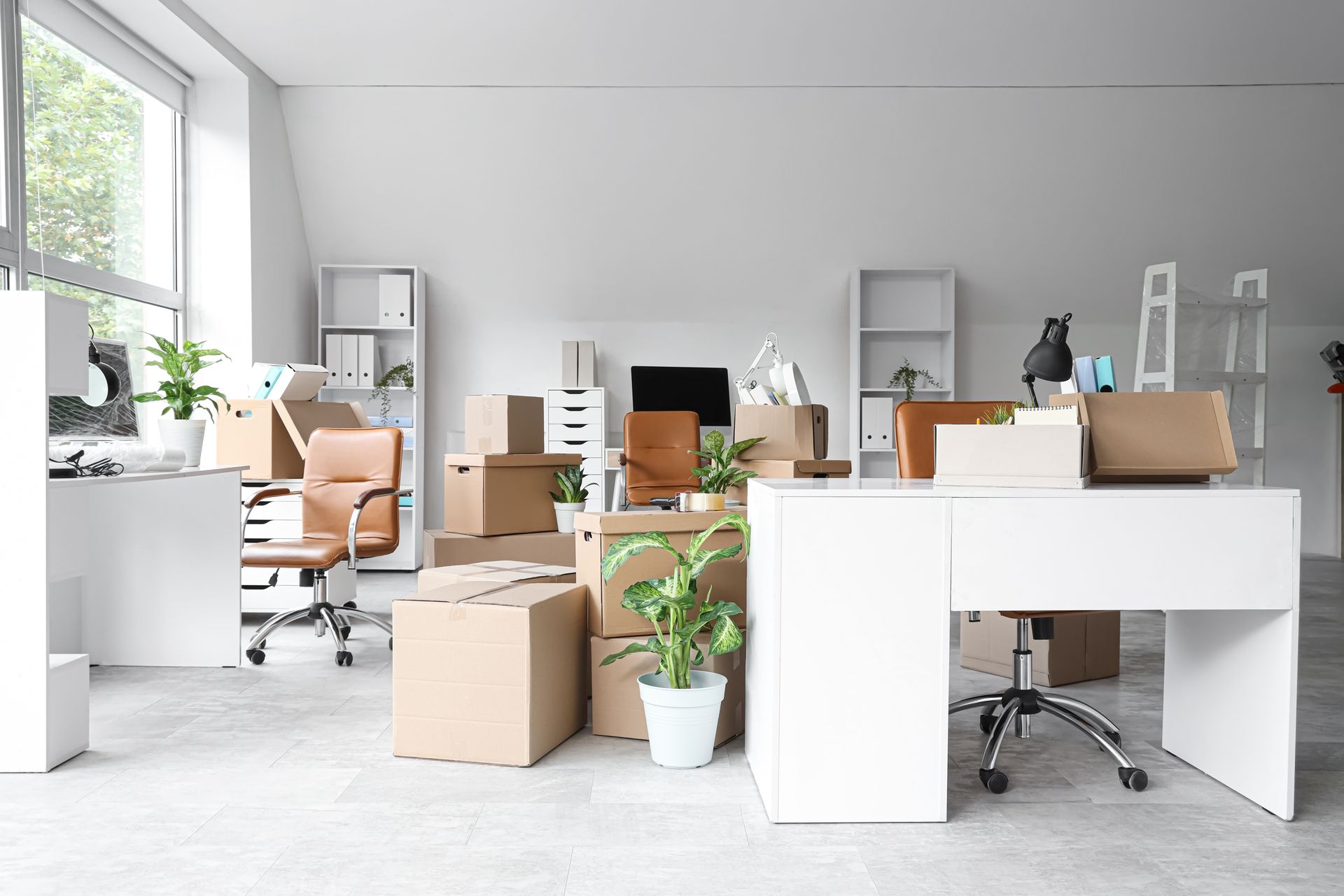 Bureau lumineux avec bureaux blancs, chaises, plantes et boîtes en carton dans un espace de travail moderne