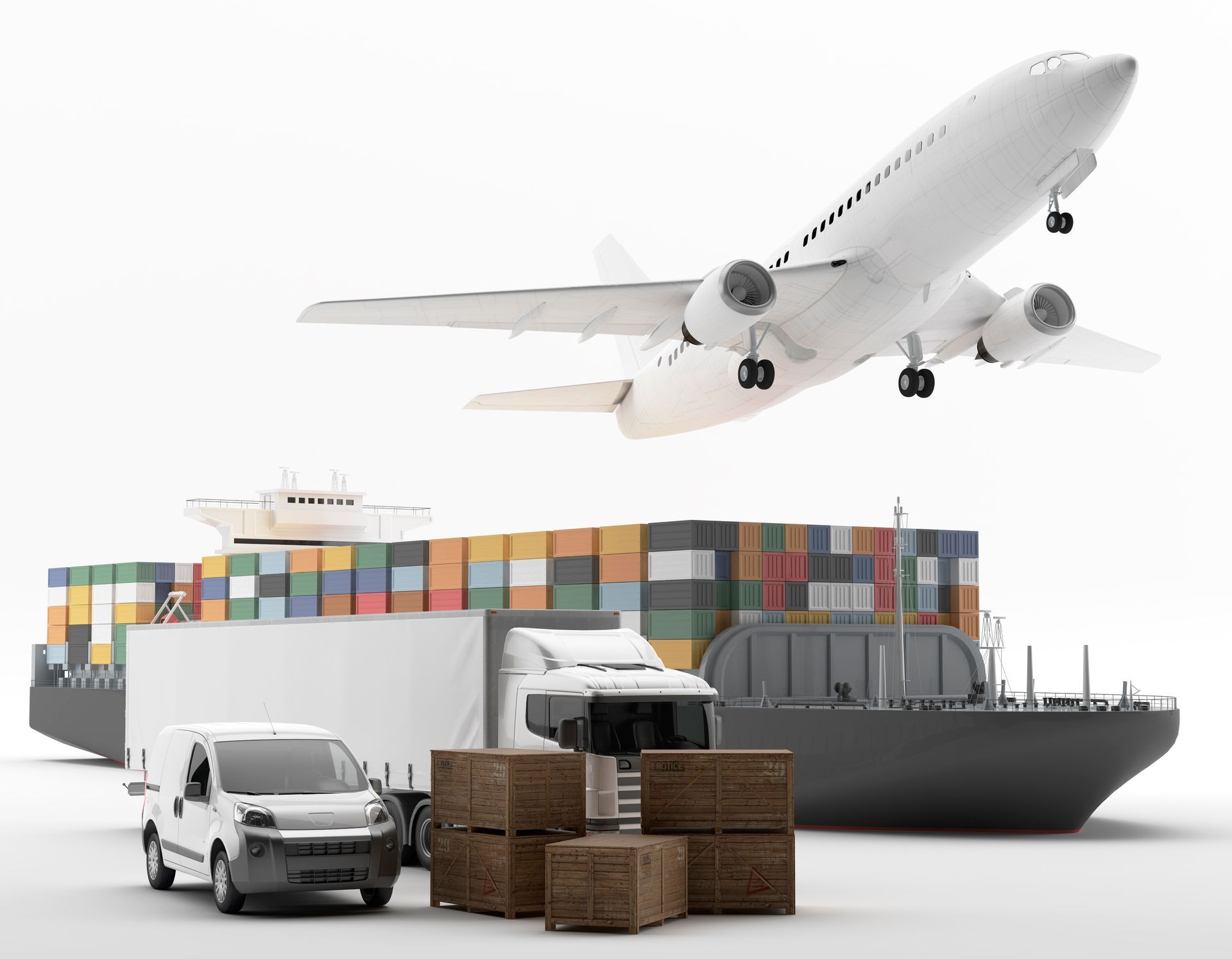 Un avion survole un cargo, un camion et des cartons empilés dans une scène logistique.