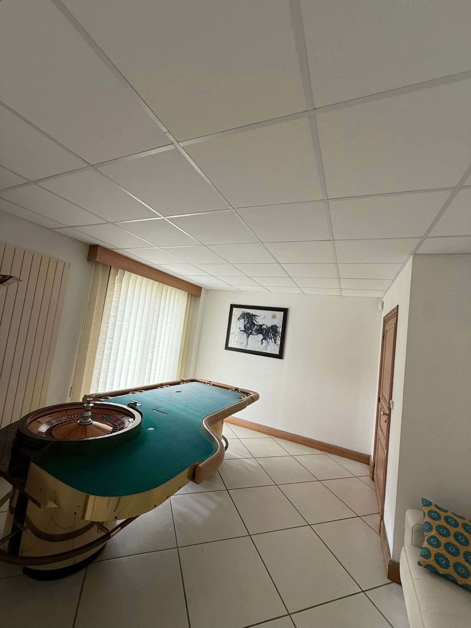 Salon intérieur avec table de billard verte, sol carrelé et plafond en dalles blanches dans une pièce lumineuse