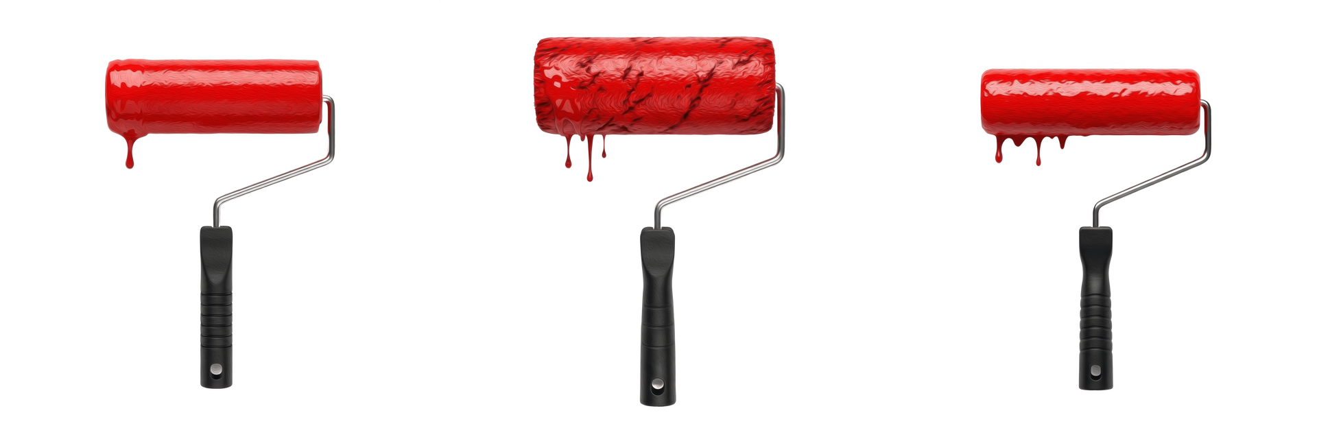 Trois rouleaux dégoulinant de peinture rouge et à manches noirs sur fond blanc