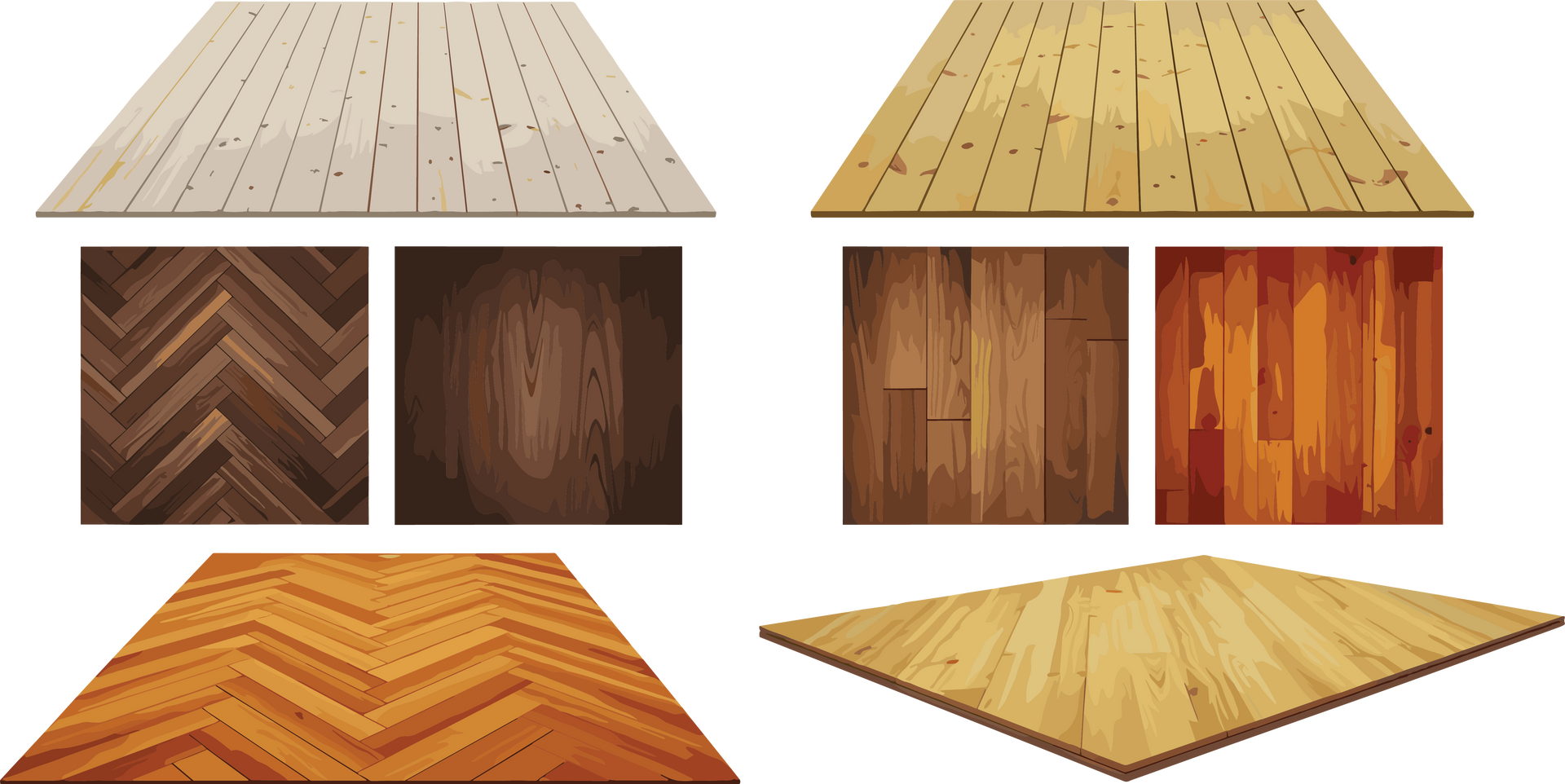 Échantillons de motifs de planchers en bois dans des tons clairs, foncés et dorés, présentés sous forme de lames et de chevrons.