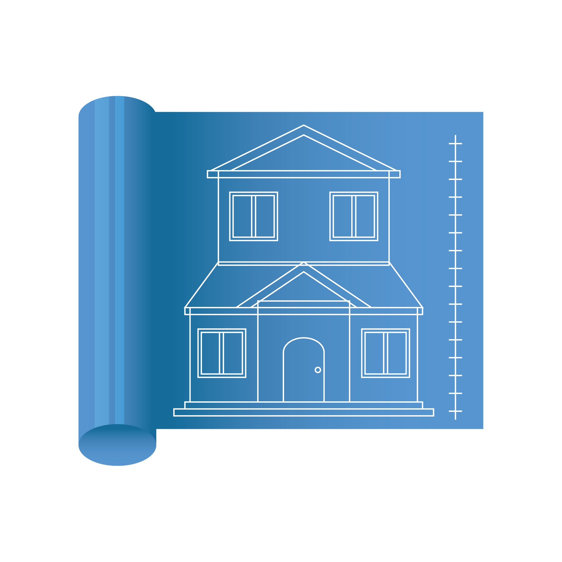 Plan bleu d'une maison avec lignes architecturales et mesures blanches.