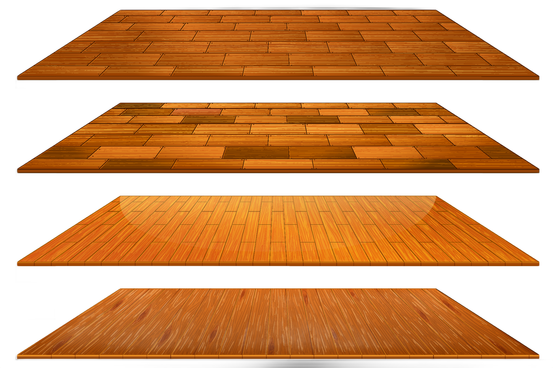 Quatre planches de parquet en bois brun orangé, représentées en perspective sur fond blanc.