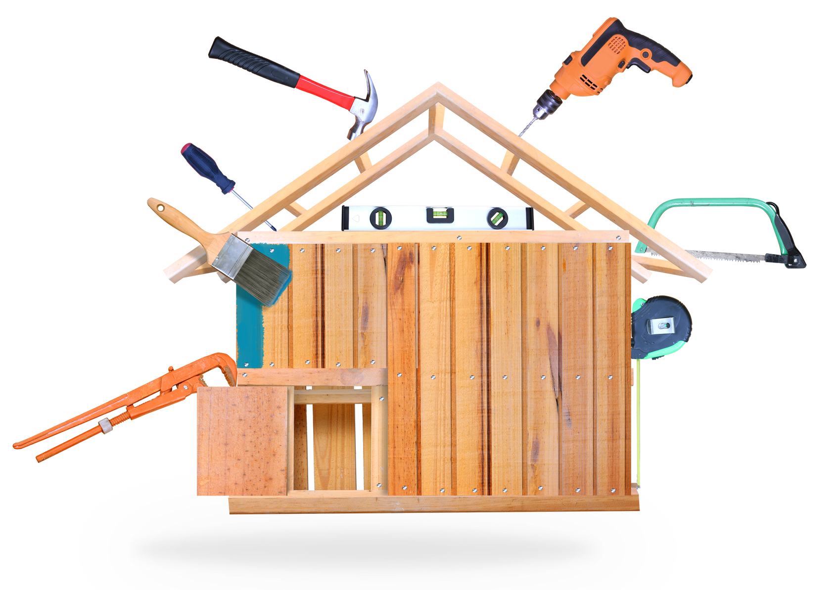 Des outils de construction de maison et une charpente de maison en bois avec scie, perceuse, marteau et niveau autour.