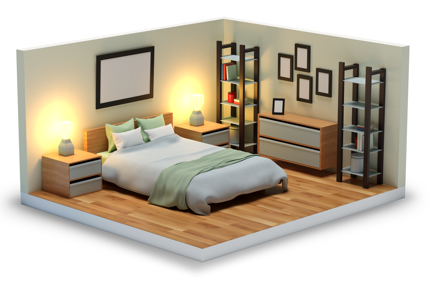 Chambre confortable avec lit, tables de chevet, lampe à lumière chaude, commode et tableaux encadrés