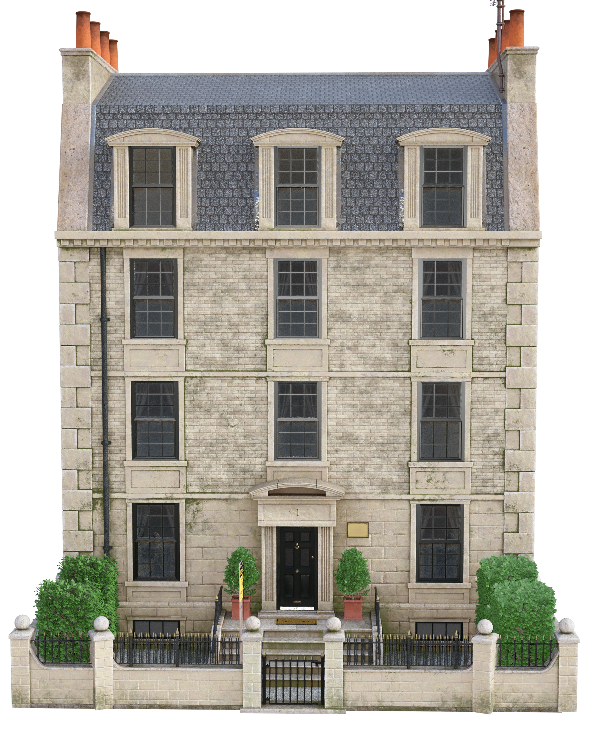 Vue de face d'une maison de ville en pierre grise avec des fenêtres noires, un toit sombre et un petit jardin clos à l'avant.