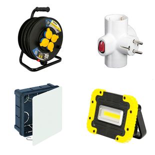 En el sentido de las agujas del reloj desde la parte superior izquierda: carrete de cable de extensión negro, adaptador de corriente blanco, luz de trabajo amarilla, luz de caja azul.