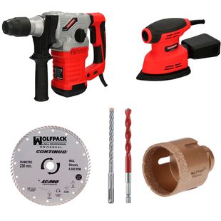 Herramientas eléctricas y accesorios de color rojo y negro: taladro percutor, lijadora, brocas y hoja de sierra.