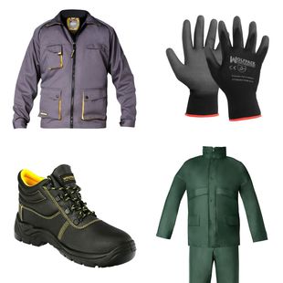 Ropa de trabajo: chaqueta, guantes, zapatos de seguridad y traje de lluvia.