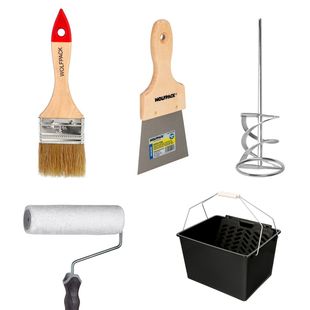 Herramientas de pintura: pincel, raspador, mezclador, rodillo y balde.