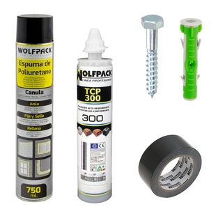 Surtido de materiales de construcción: espuma de poliuretano, sellador, tornillo con taco y cinta adhesiva.