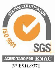 Logotipo de certificación SGS ISO 9001 con marca de verificación naranja y texto de acreditación ENAC