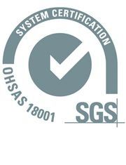 Logotipo de certificación del sistema SGS ISO 18001 con marca de verificación gris y sello circular.