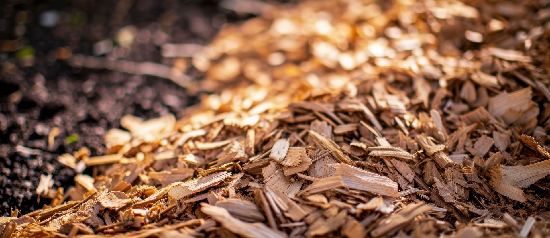 Gros plan sur des copeaux de bois et du paillis répandus sur le sol sous un soleil chaud.